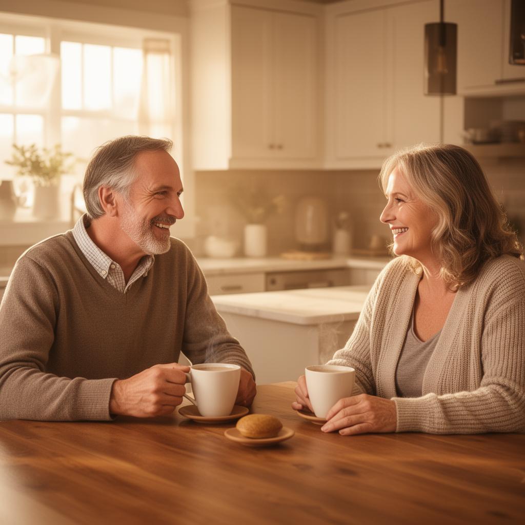 A couple talking over coffee in their kitchen